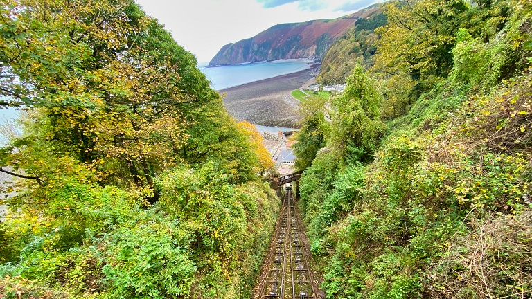 Looking down from the top of Lynton and Lynmouth Railway towards Lynmouth at the bottom